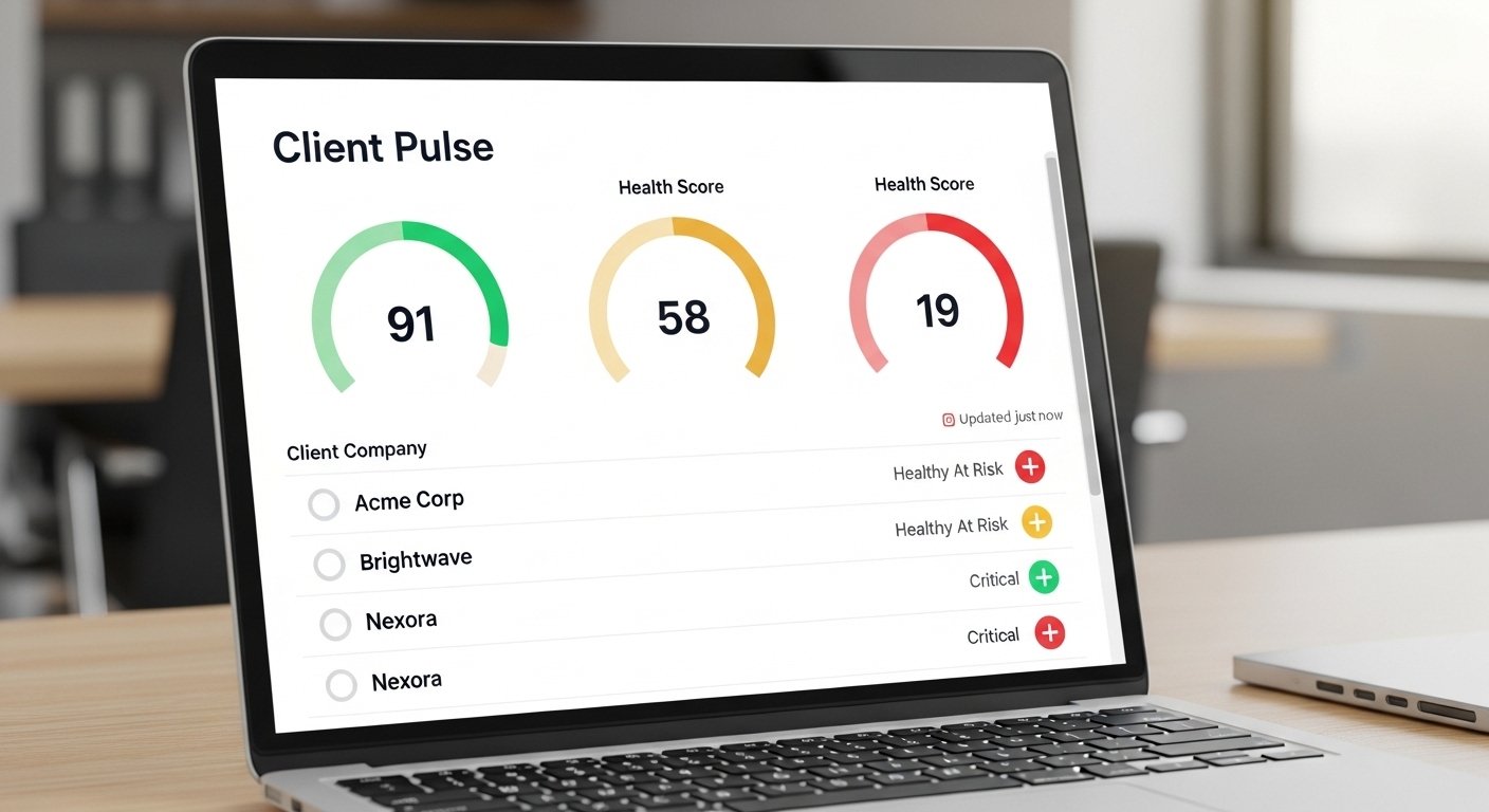 get_ready_bell client pulse dashboard showing real time client health scores in green amber and red status indicators