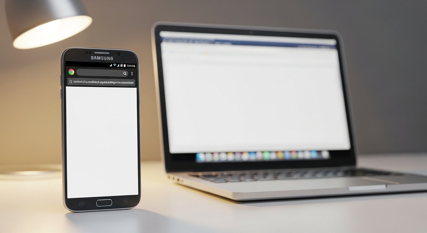 Professional desk setup with Android phone displaying content://cz.mobilesoft.appblock.fileprovider/cache/blank.html error in Chrome browser