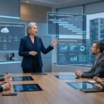 Technology solutions professional presenting AI, cloud computing, and cybersecurity strategy in a modern enterprise boardroom.