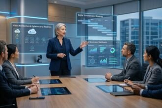 Technology solutions professional presenting AI, cloud computing, and cybersecurity strategy in a modern enterprise boardroom.